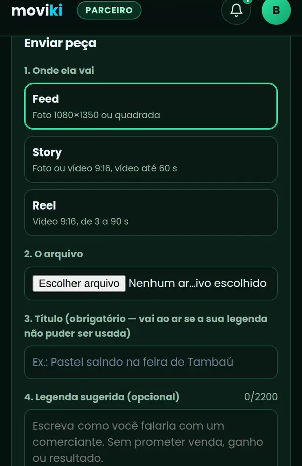 Área do criador: enviar peça para as redes oficiais