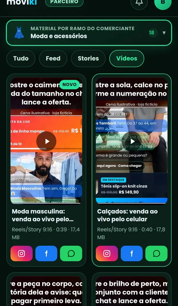 Material de apoio no painel do parceiro: vídeos por ramo com botões de postar