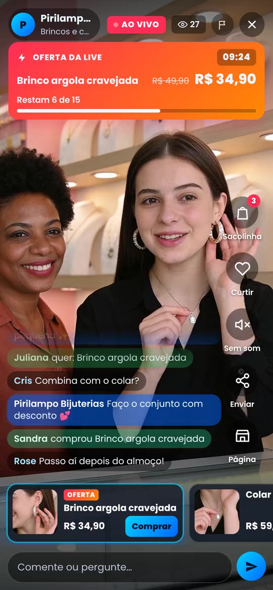 Tela de uma live no Moviki: duas vendedoras de uma loja de semijoias mostram o brinco na câmera, com a oferta da live, o chat dos clientes e o botão Comprar.